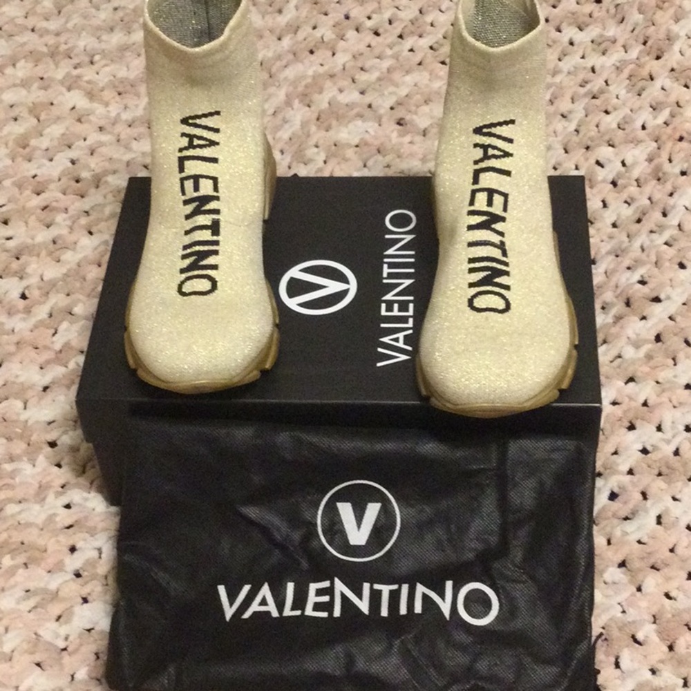 Valentino Champagne Glitter Logo Sock Booties